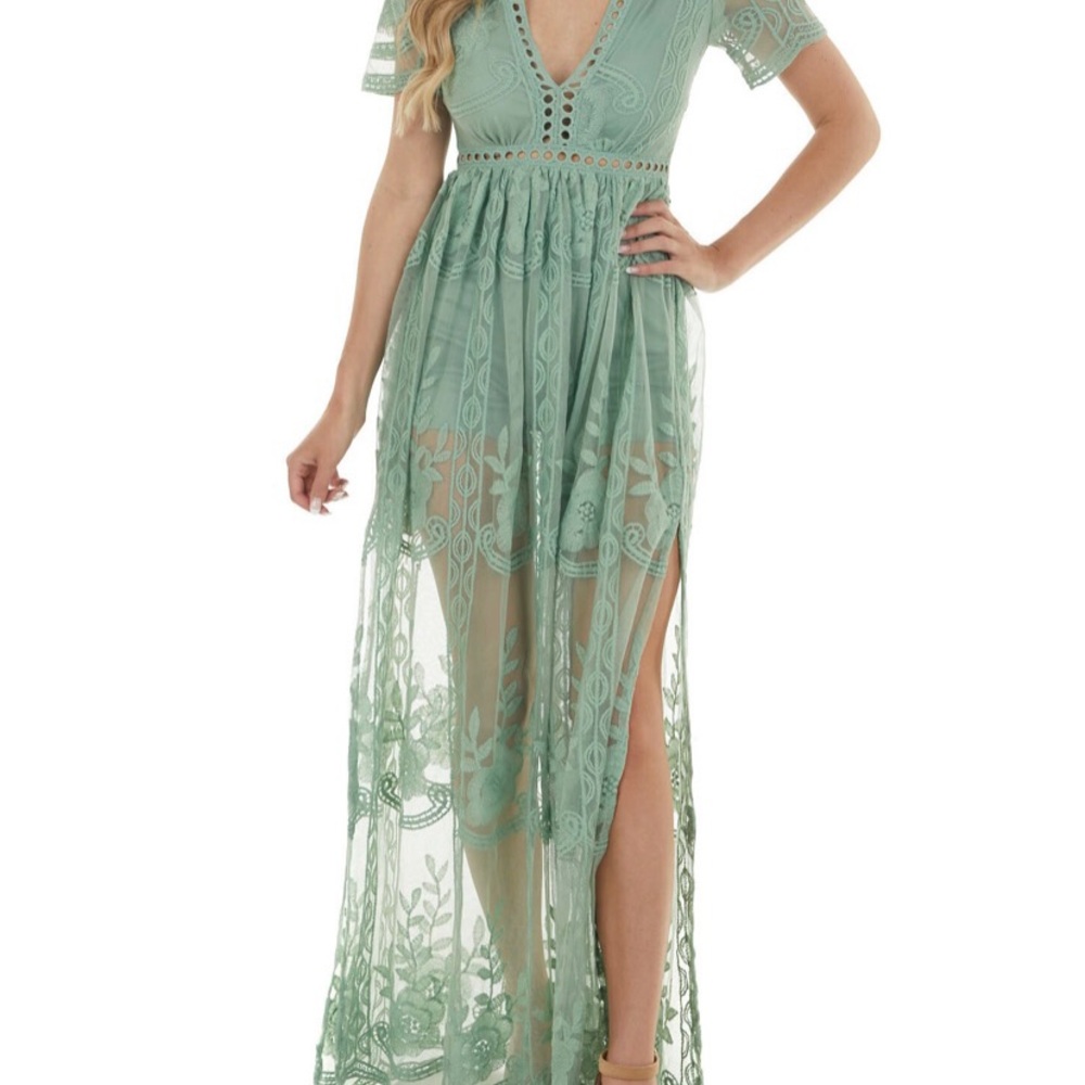 Sage Lace V Neck Romper with Maxi Overlay NEW